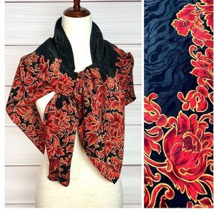 Jeannene Booher Silk Jacquard Scarf Black Red Gold Paisley Floral Hand Rolled